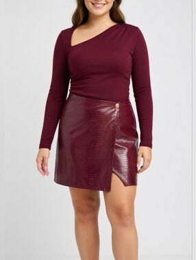 New Commense Burgundy Faux Croc Wrap Mini Skirt Dress
